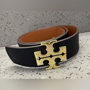 Tory Burch Black and Gold Leather Belt with Iconic Logo